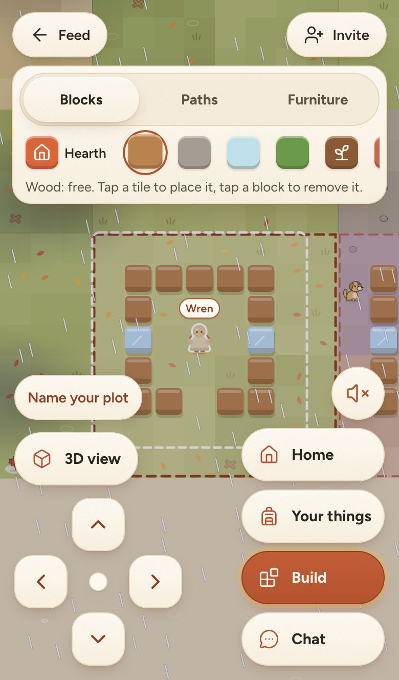 Building on a plot from a phone: the build bar is open with wood, stone, glass, and the hearth