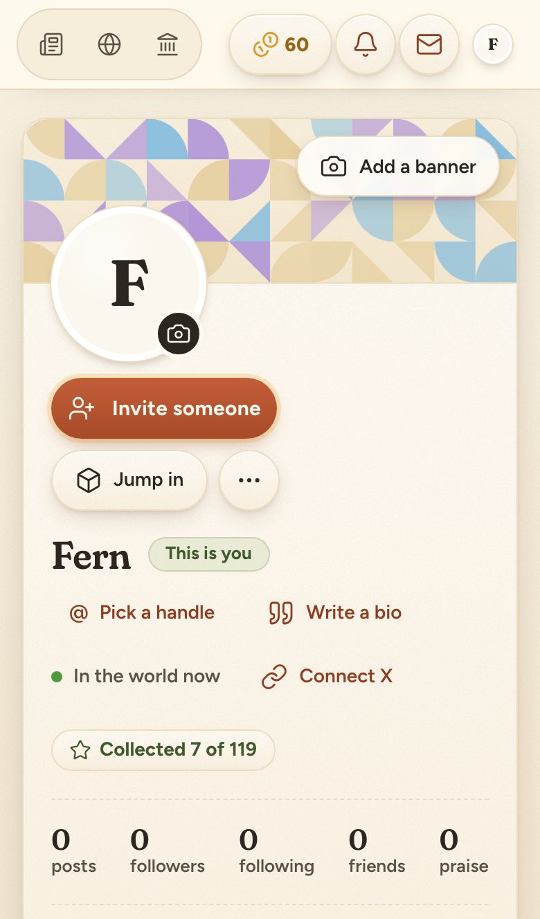 A resident's profile: a patterned banner, Invite someone and Jump in, and counts for posts, followers, and friends
