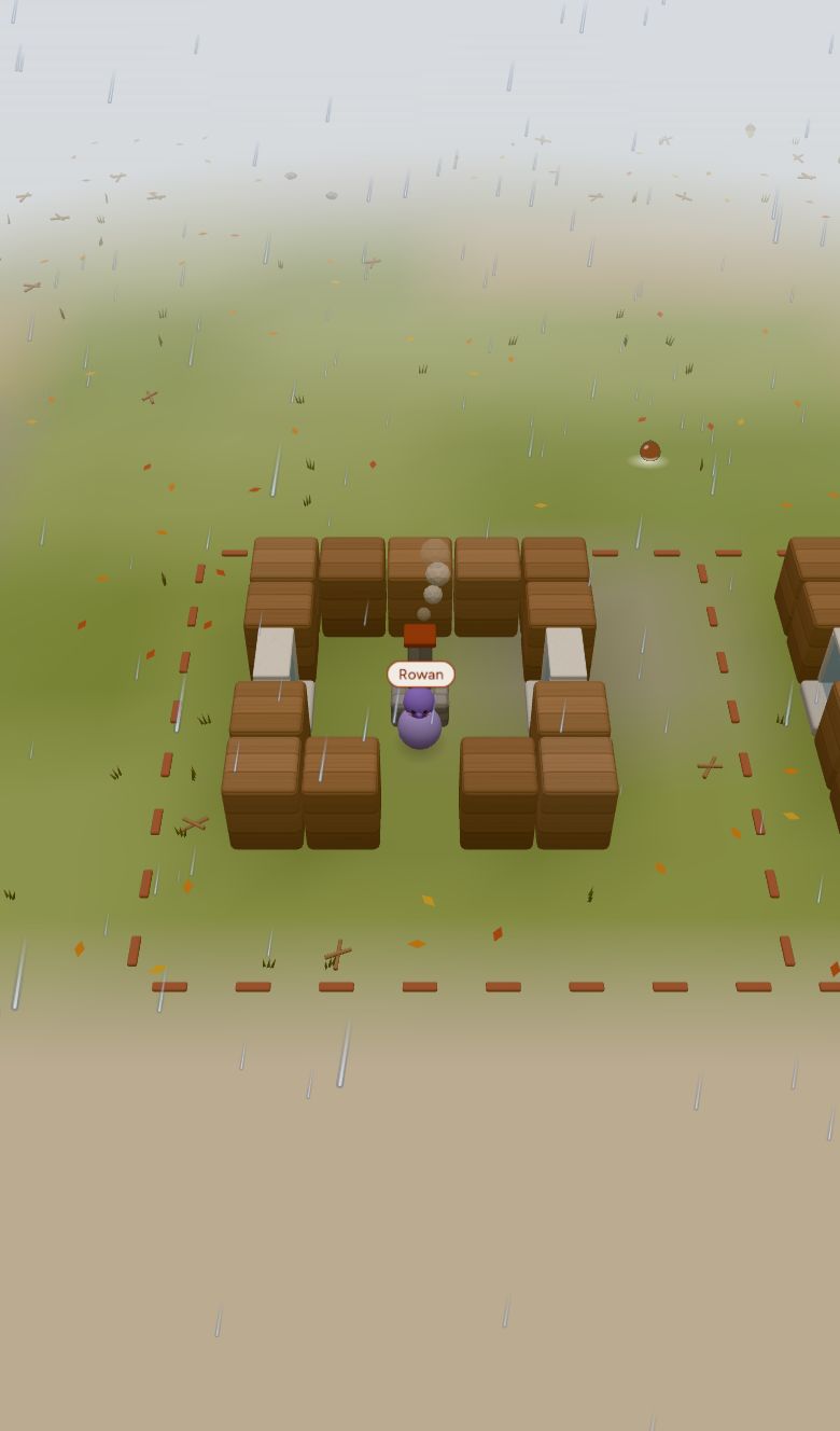 A plot in 3D in the autumn rain, with a little wooden home around its hearth