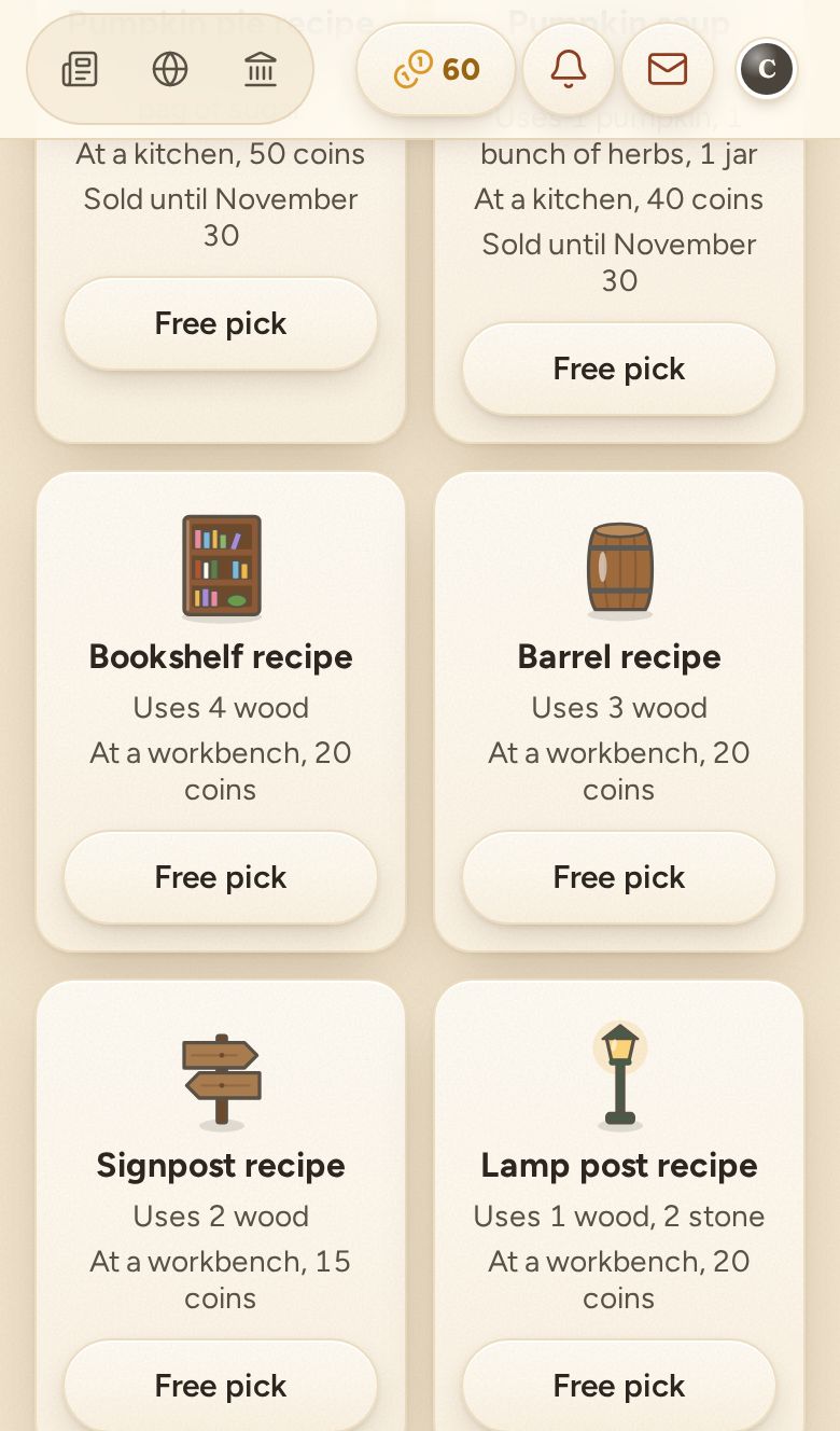 The shop's Recipes shelf, with free picks for newcomers