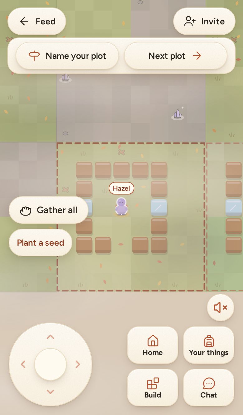 A resident standing on their plot on a phone, planters around them, with Gather all and Plant a seed buttons and the move pad below