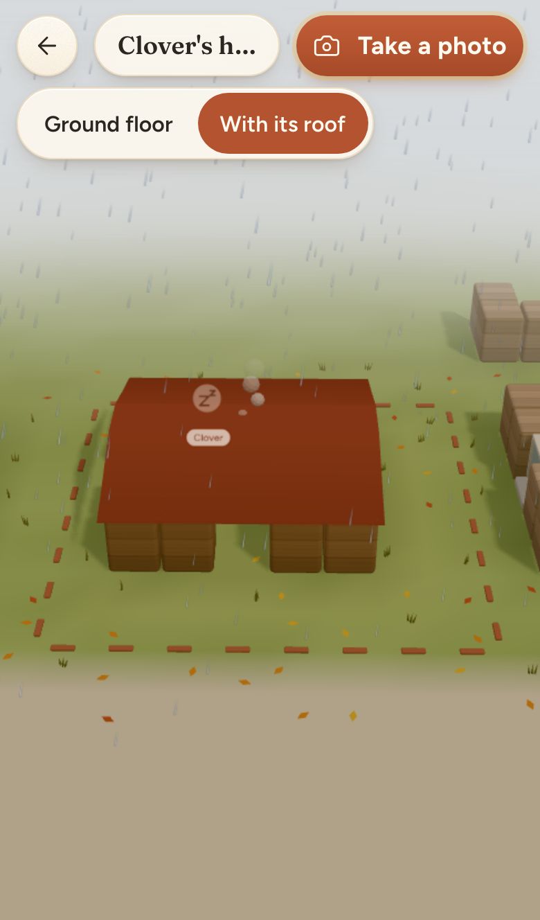 A home in 3D under a red brickwork roof in the rain, with a picker above it reading Ground floor and With its roof