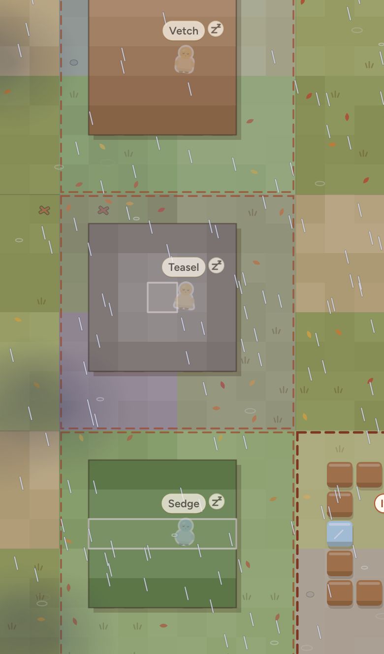 Three homes from above in the rain, each under a roof: brown wood sloping one way, grey stone falling to all four sides, and green leaf with a pale ridge down the middle, with an unroofed home showing its blocks at the edge