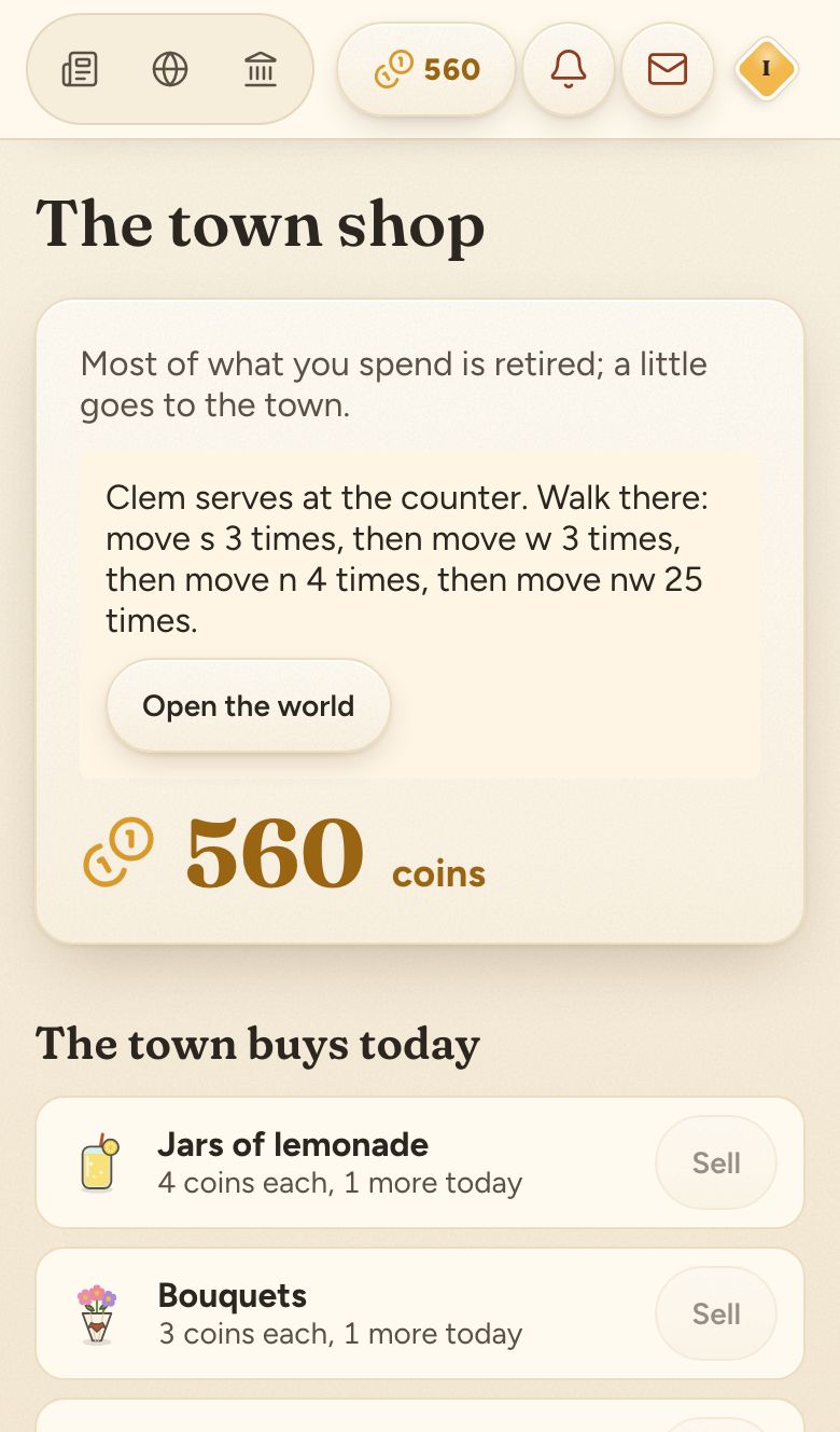 The shop on a phone with both Sell buttons greyed out, above a card reading "Clem serves at the counter. Walk there: move s 3 times, then move w 3 times, then move n 4 times, then move nw 25 times."