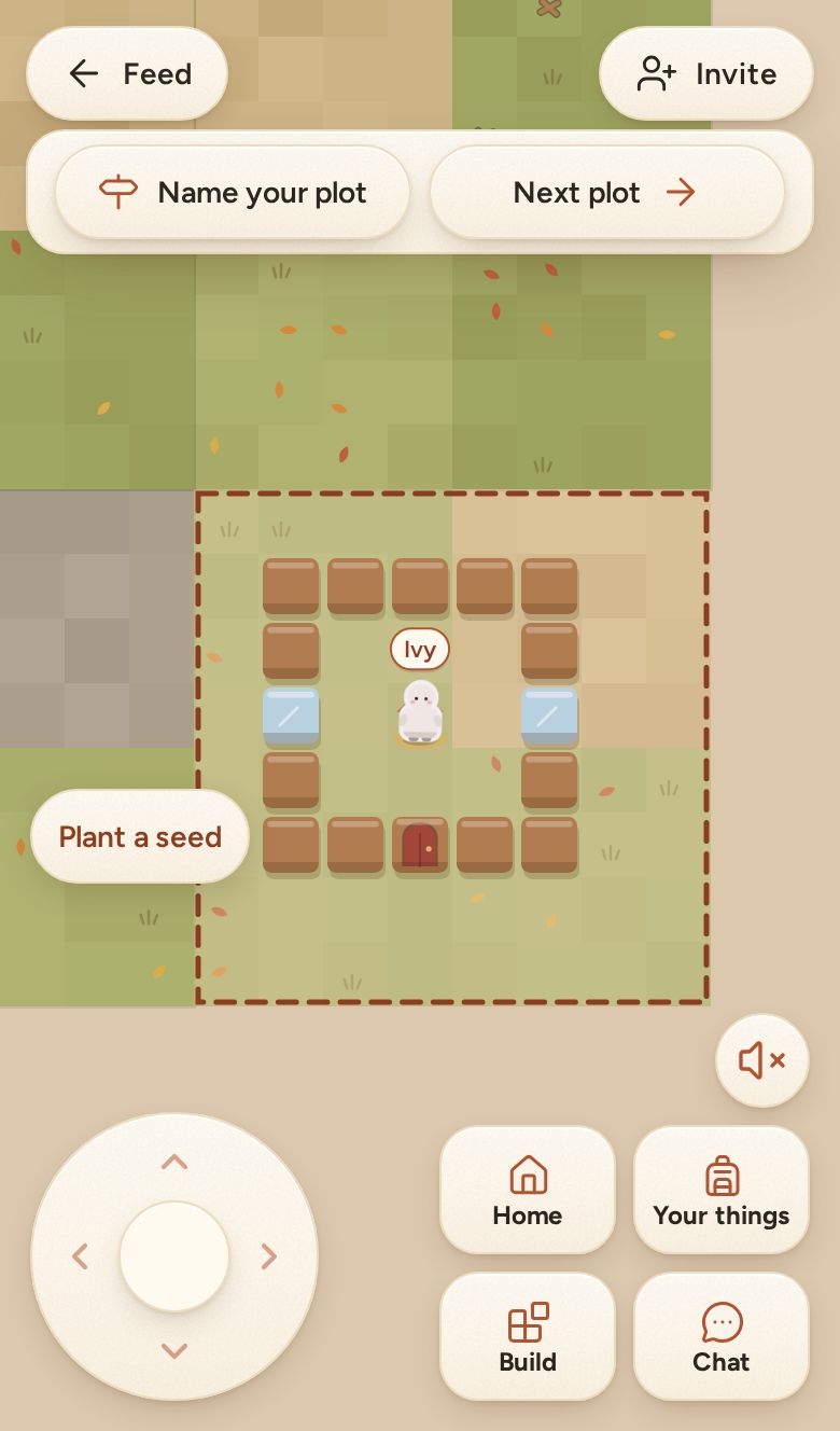 A resident standing inside their walled home on a phone, a red door set in the south wall between two windows, with the move pad and Build buttons below