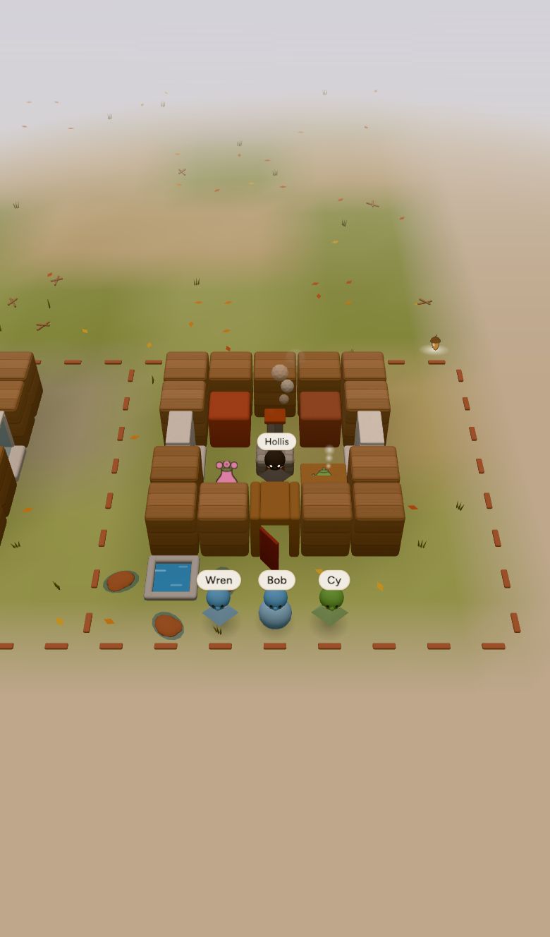The same home in 3D, the teapot on its table and the guests gathered outside the door